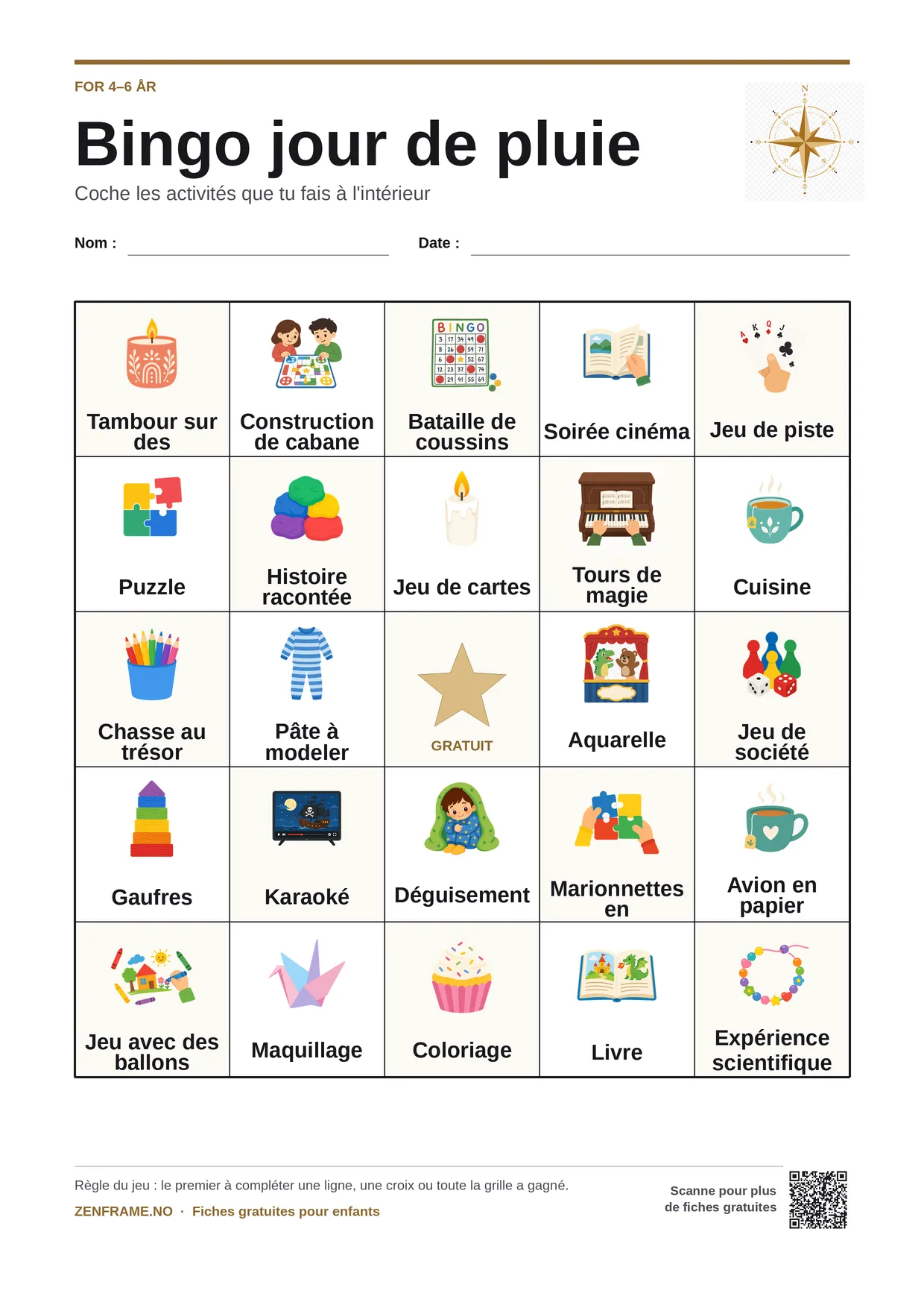 Bingo jour de pluie pour enfants 4–6 ans – planche A4 gratuite à imprimer