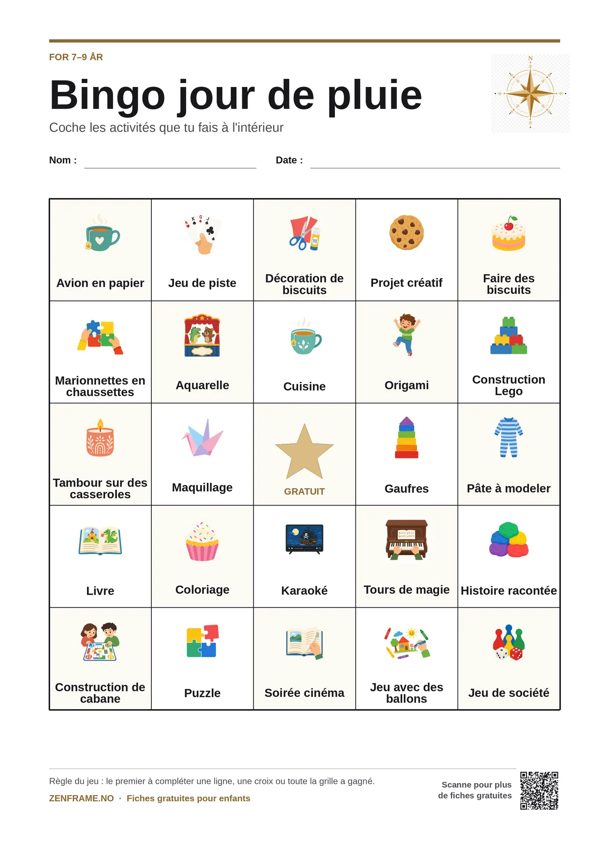 Bingo jour de pluie pour enfants 7–9 ans – planche A4 gratuite à imprimer