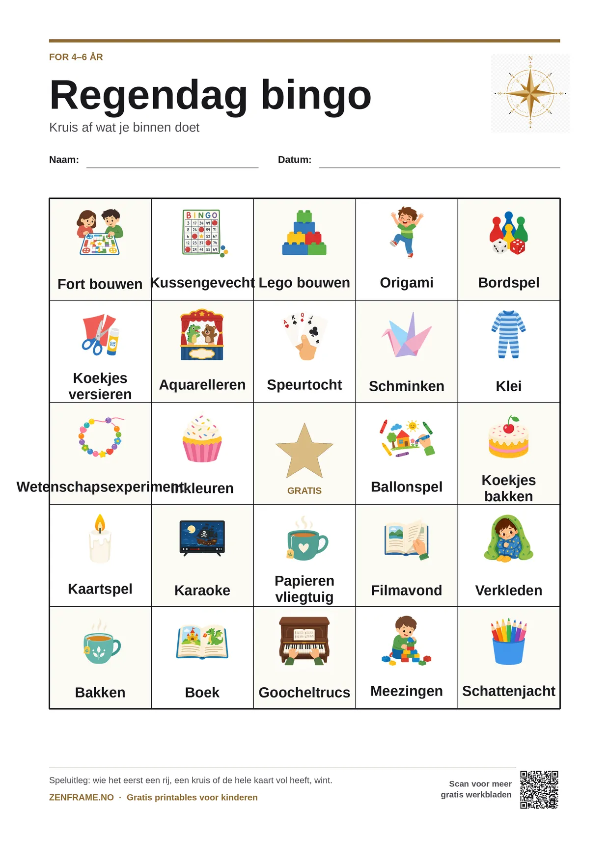 Regendag bingo voor kinderen 4–6 jaar – gratis printbare A4-kaart