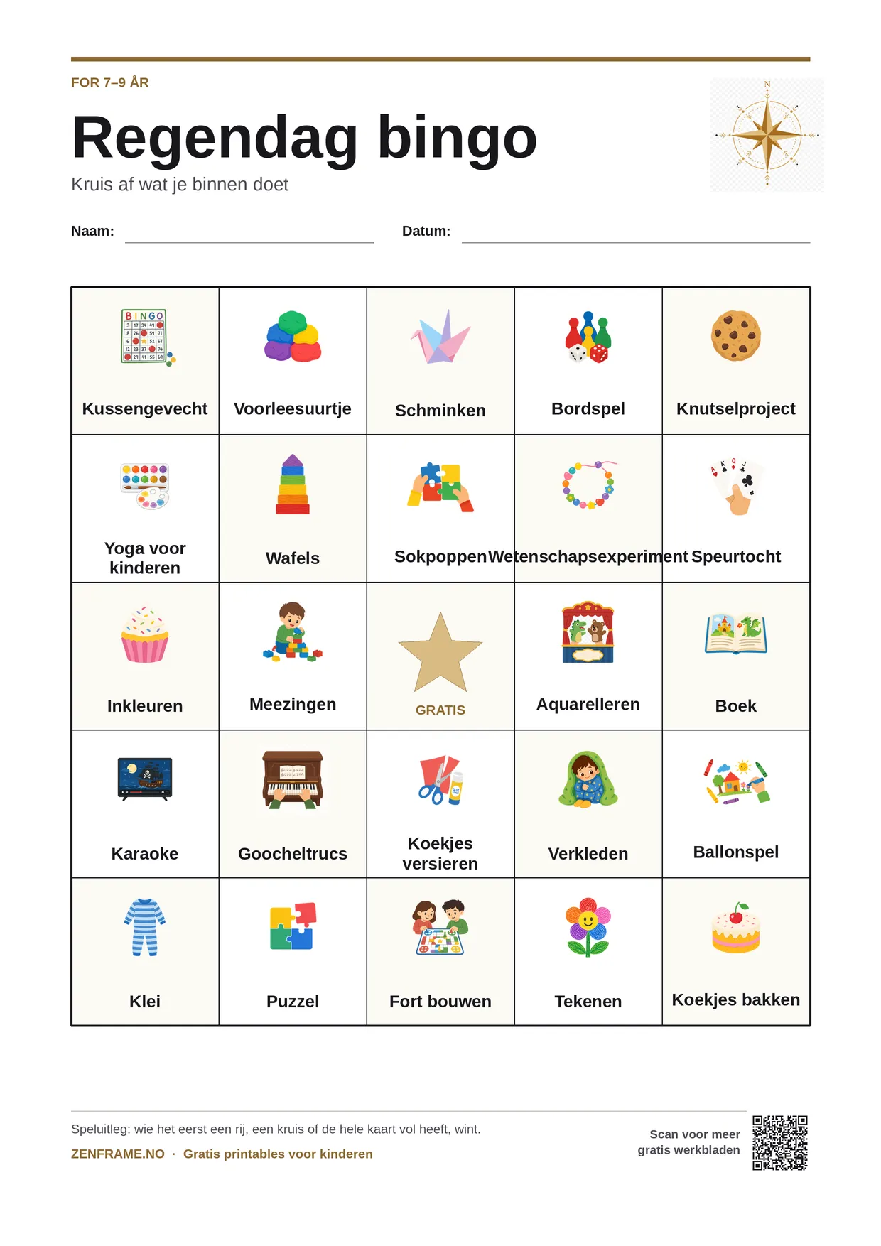 Regendag bingo voor kinderen 7–9 jaar – gratis printbare A4-kaart