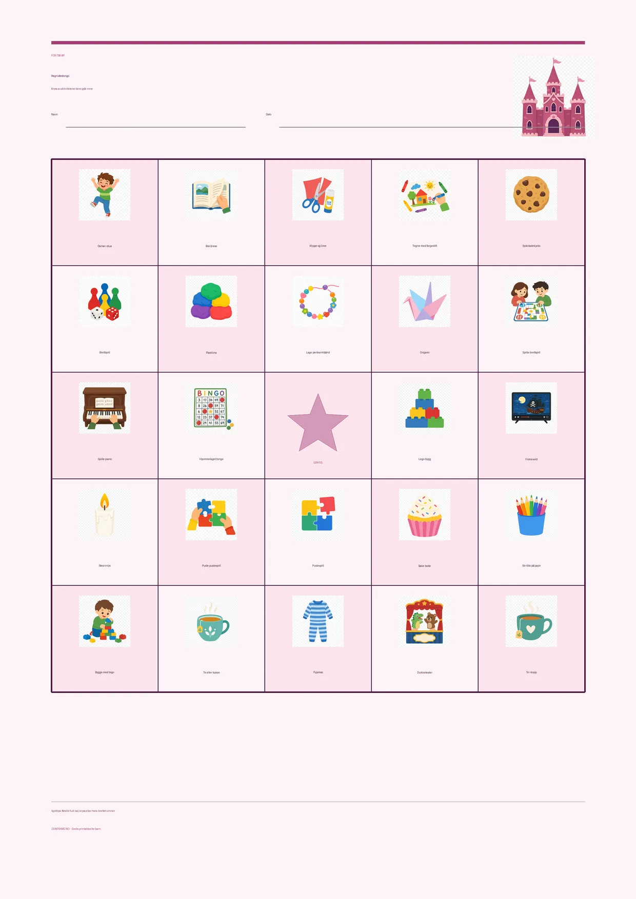 Regnværsbingo for barn 7–9 år – Prinsesse-tema – gratis utskrivbart A4-brett