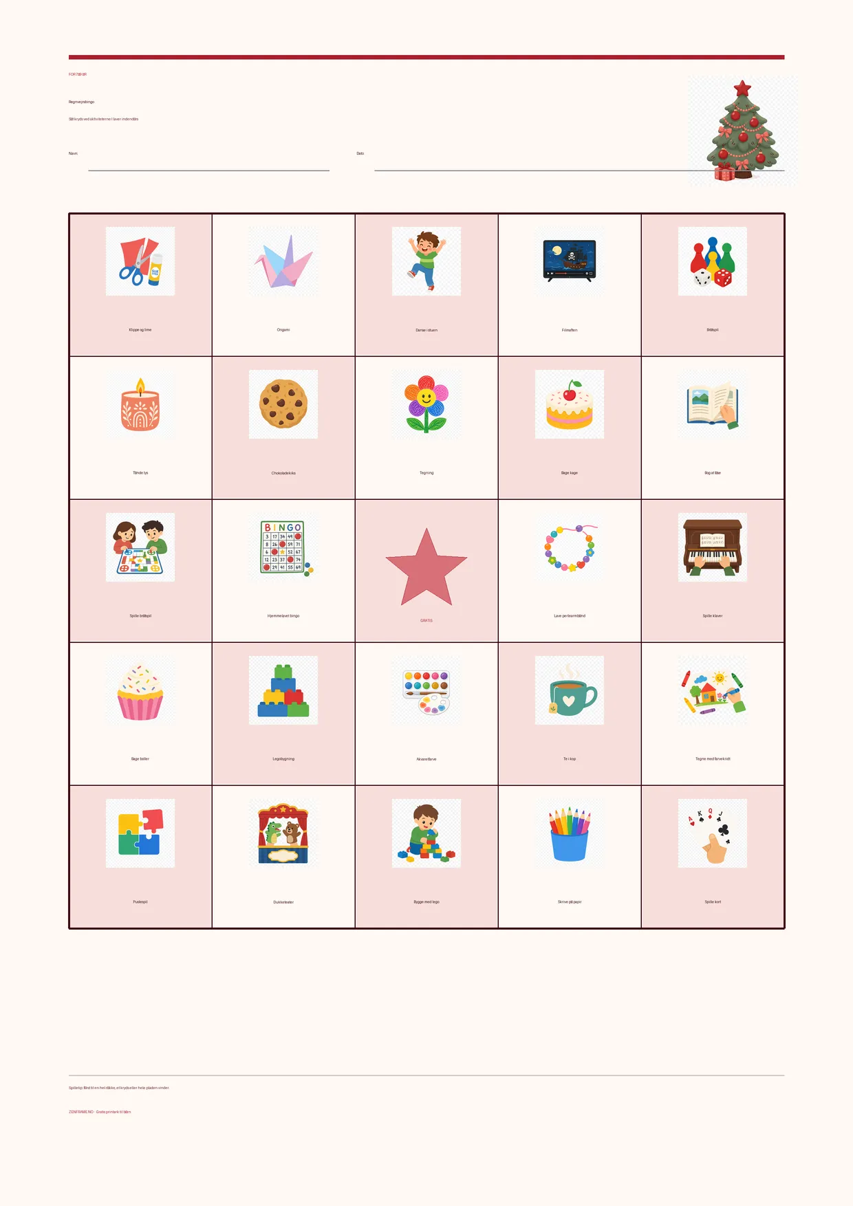 Regnvejrsbingo for børn 7–9 år – Jul-tema – gratis printbar A4-plade
