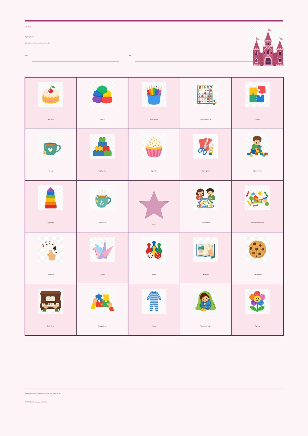 Regnvejrsbingo for børn 7–9 år – Prinsesse-tema – gratis printbar A4-plade