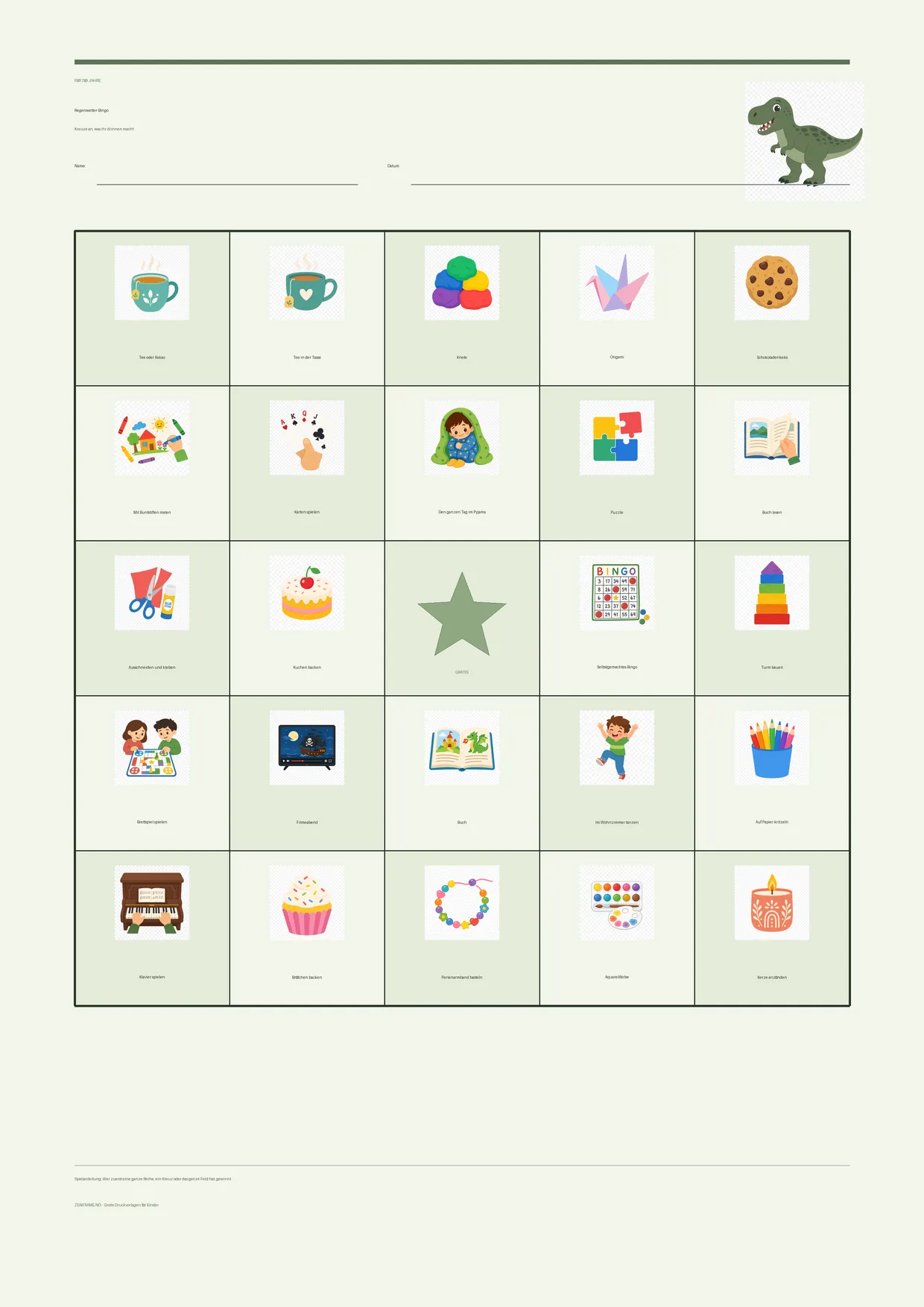Regenwetter-Bingo für Kinder 7–9 Jahre – Dinosaurier-Design – kostenlose A4-Vorlage zum Ausdrucken