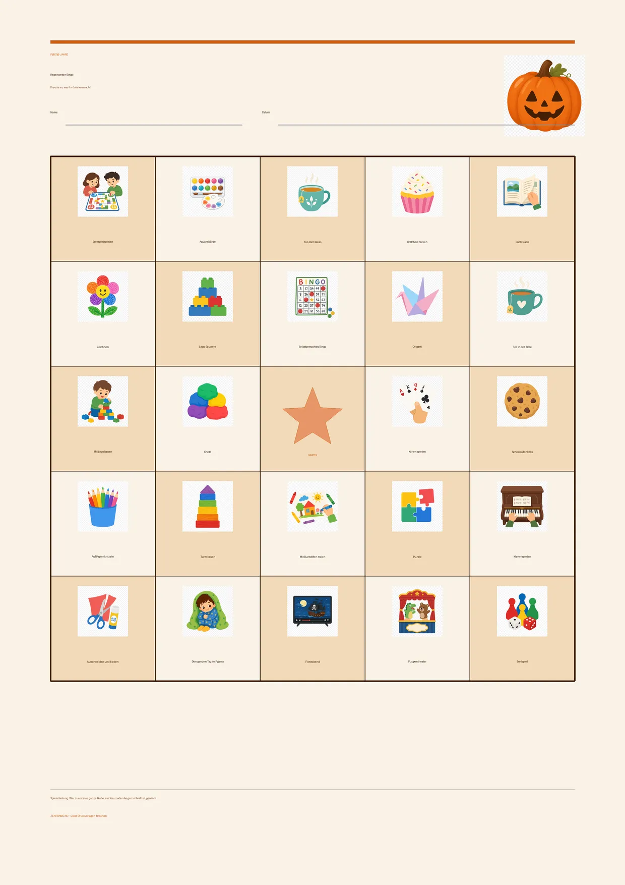 Regenwetter-Bingo für Kinder 7–9 Jahre – Halloween-Design – kostenlose A4-Vorlage zum Ausdrucken