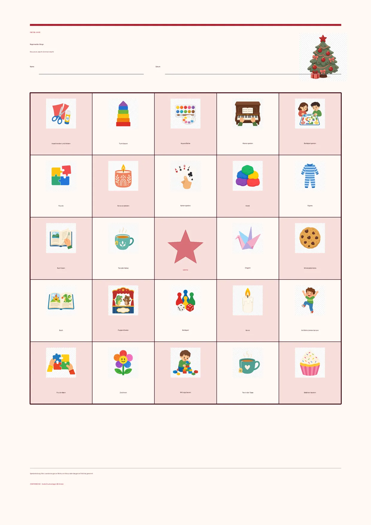 Regenwetter-Bingo für Kinder 7–9 Jahre – Weihnachten-Design – kostenlose A4-Vorlage zum Ausdrucken