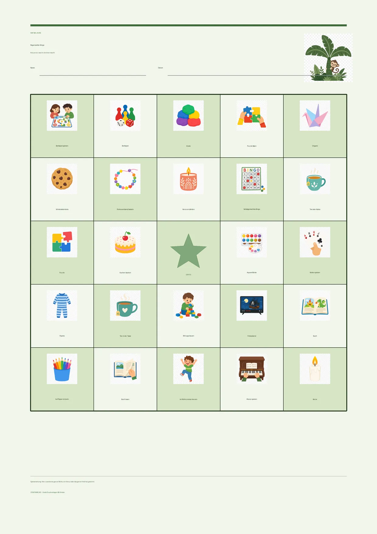 Regenwetter-Bingo für Kinder 7–9 Jahre – Dschungel-Design – kostenlose A4-Vorlage zum Ausdrucken