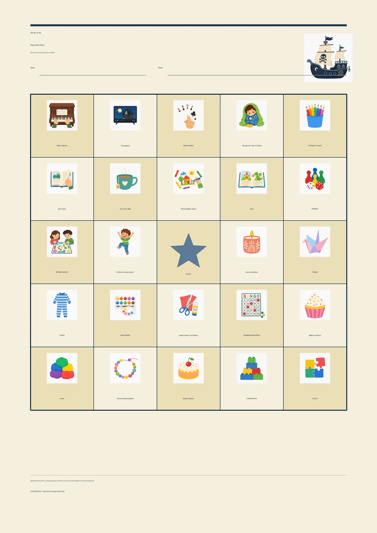Regenwetter-Bingo für Kinder 7–9 Jahre – Pirat-Design – kostenlose A4-Vorlage zum Ausdrucken