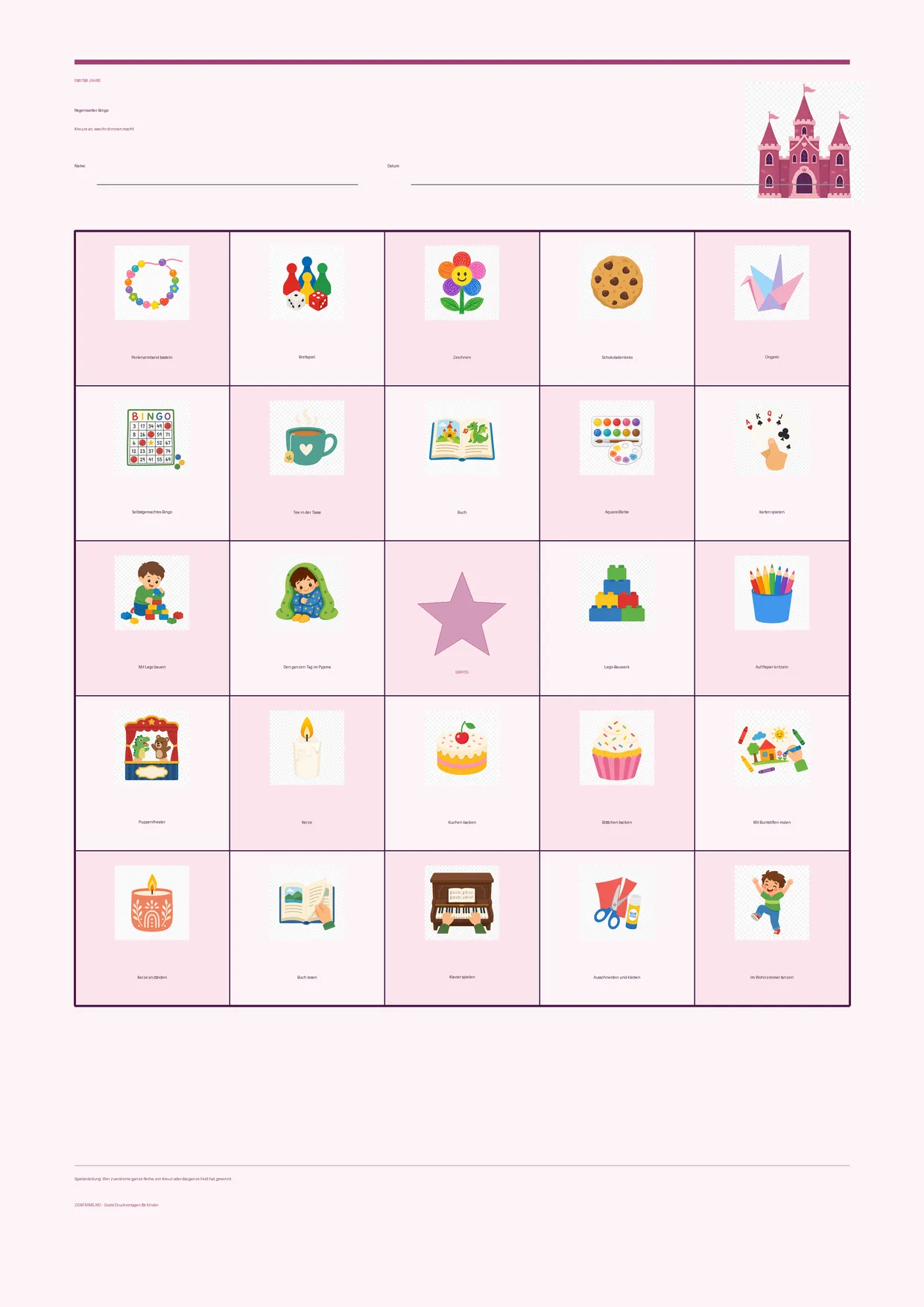 Regenwetter-Bingo für Kinder 7–9 Jahre – Prinzessin-Design – kostenlose A4-Vorlage zum Ausdrucken