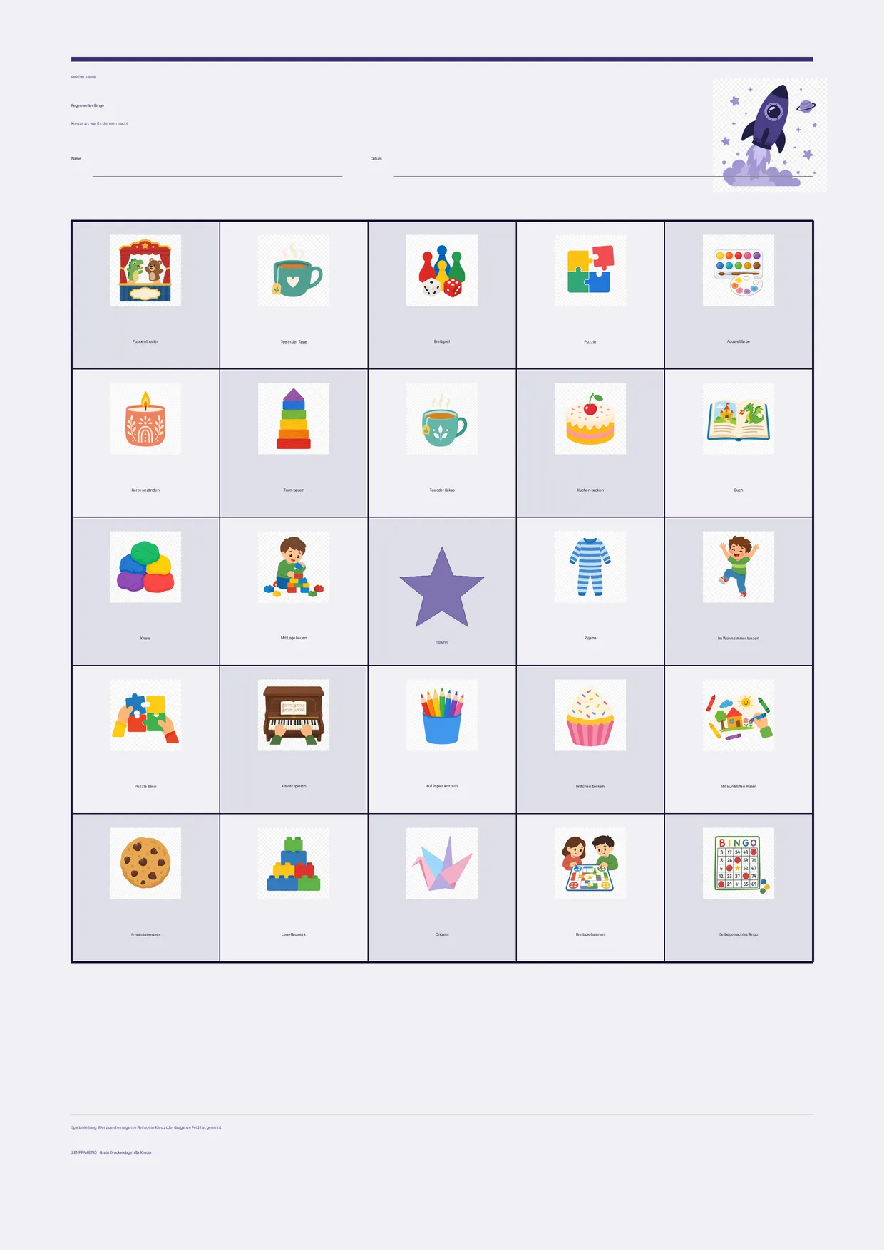 Regenwetter-Bingo für Kinder 7–9 Jahre – Weltraum-Design – kostenlose A4-Vorlage zum Ausdrucken