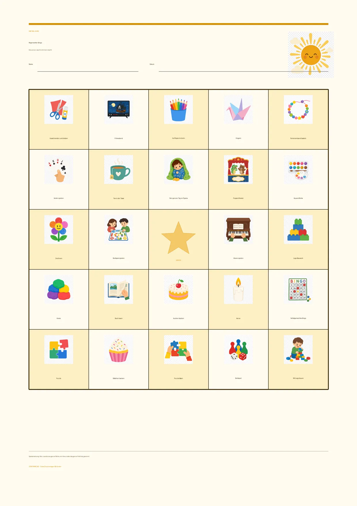 Regenwetter-Bingo für Kinder 7–9 Jahre – Sommer-Design – kostenlose A4-Vorlage zum Ausdrucken
