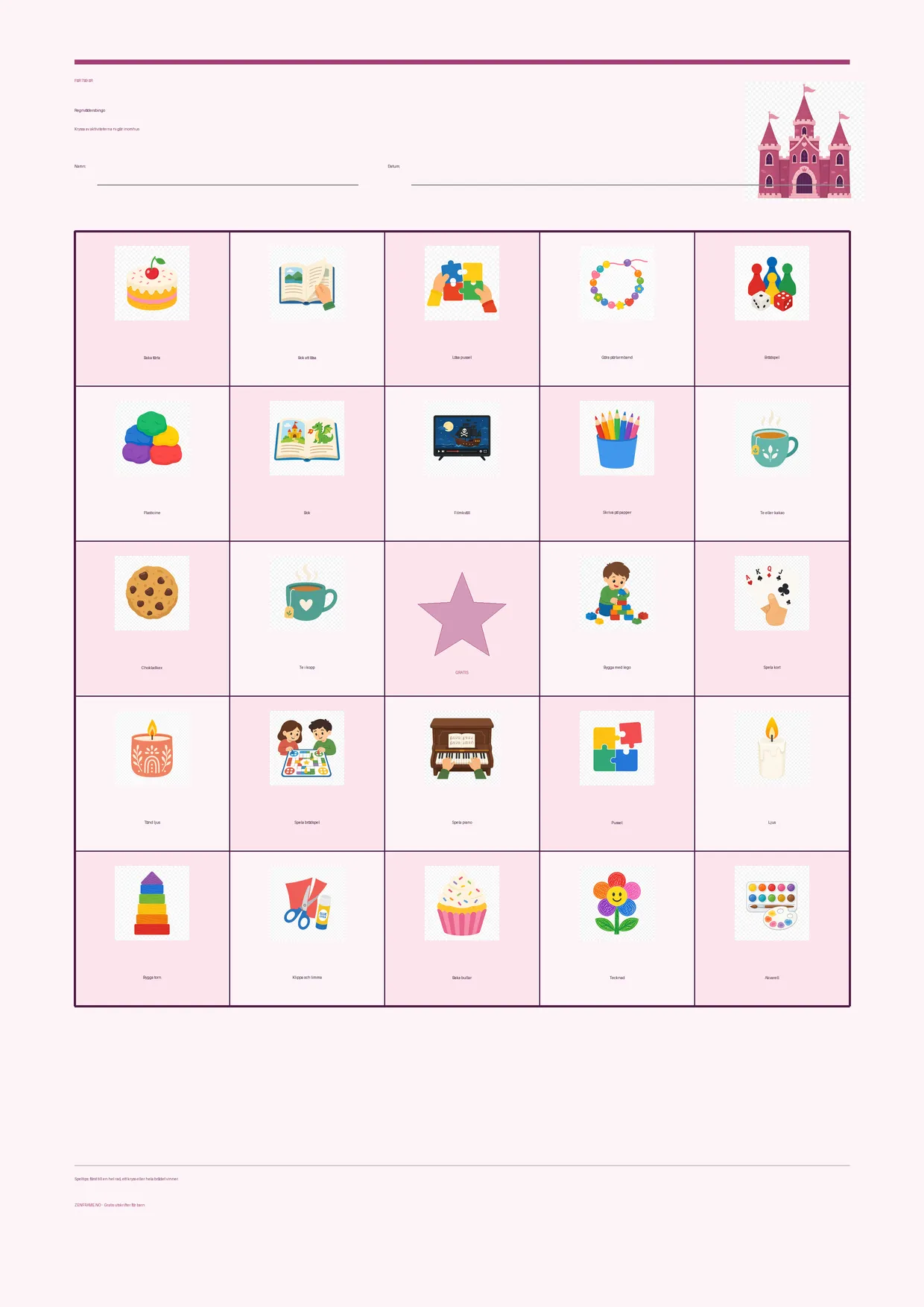 Regnvädersbingo för barn 7–9 år – Prinsessa-tema – gratis utskrivbart A4-bräde