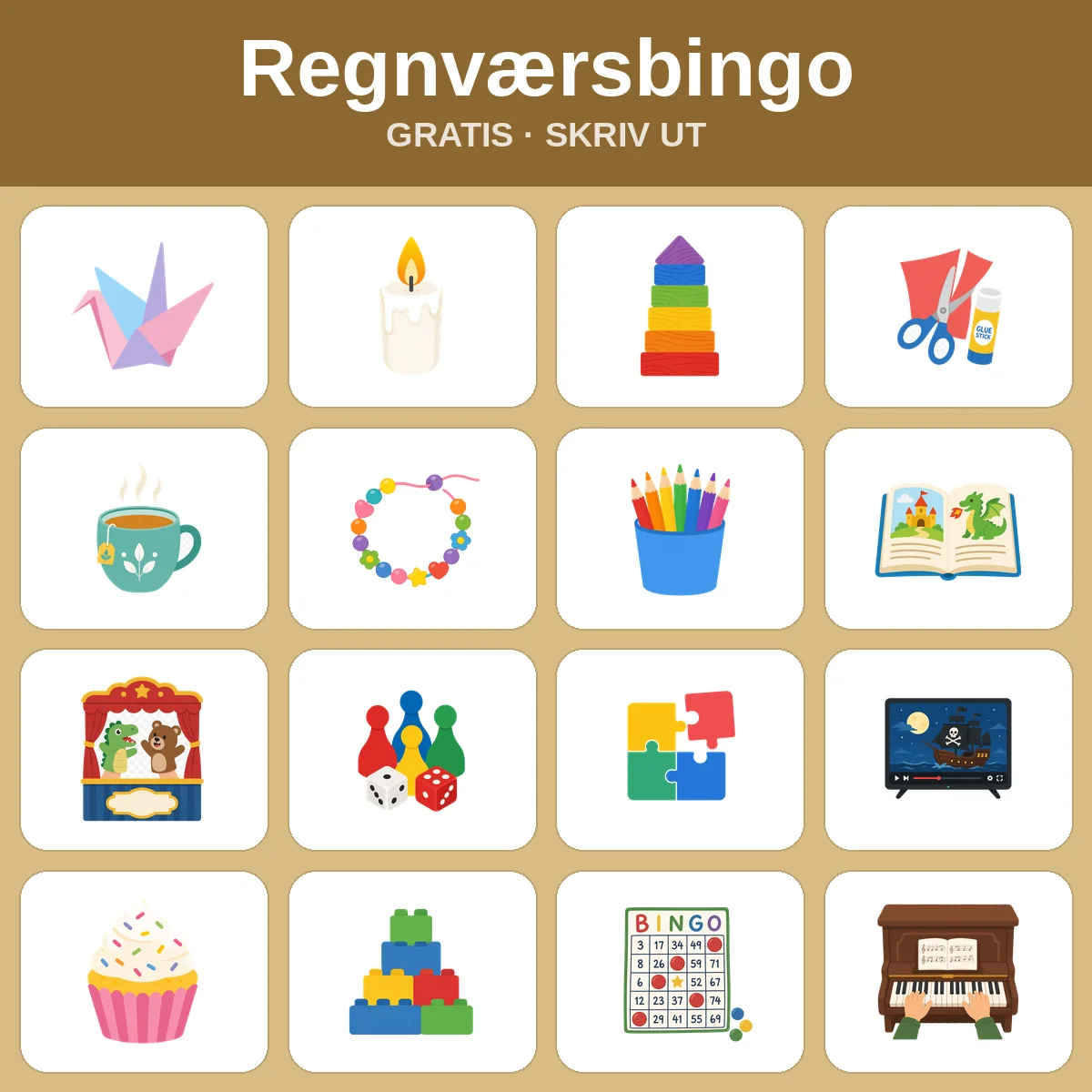 Regnværsbingo – gratis bingo til utskrift for barn