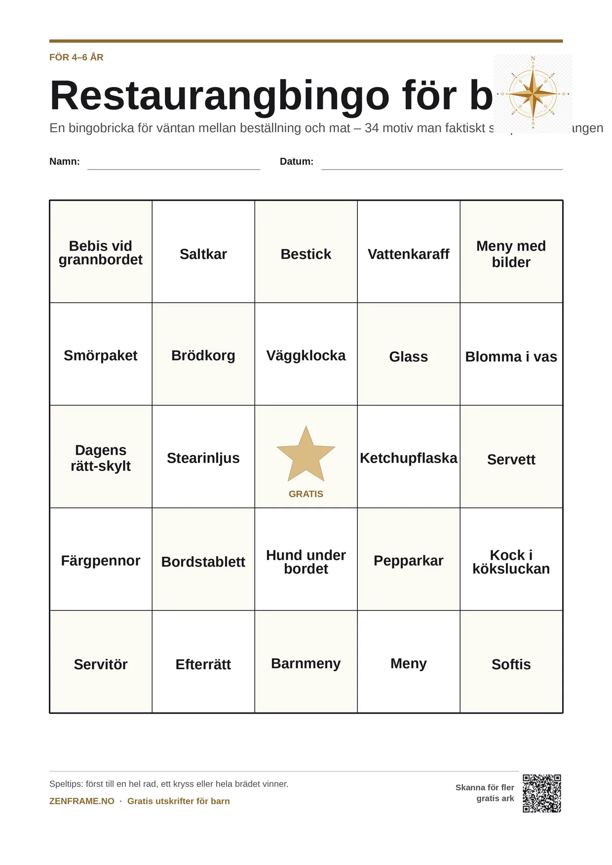 Restaurangbingo för barn 4–6 år – gratis utskrivbart A4-bräde