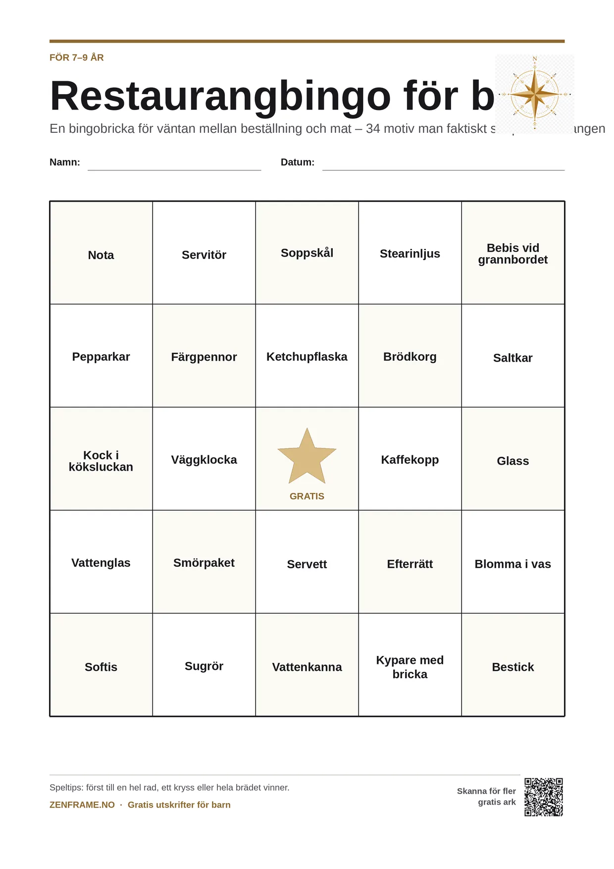 Restaurangbingo för barn 7–9 år – gratis utskrivbart A4-bräde