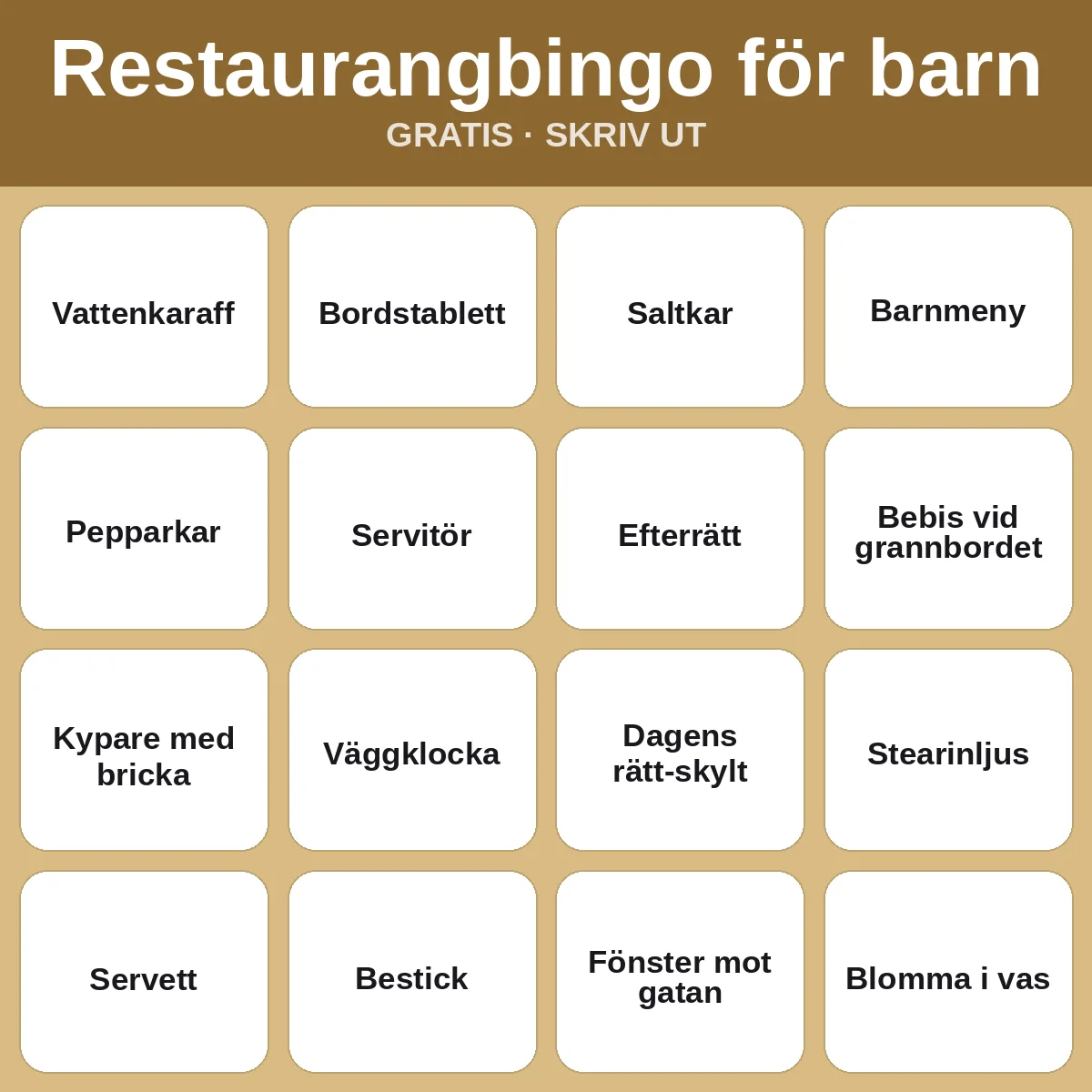 Restaurangbingo för barn – gratis bingo att skriva ut för barn