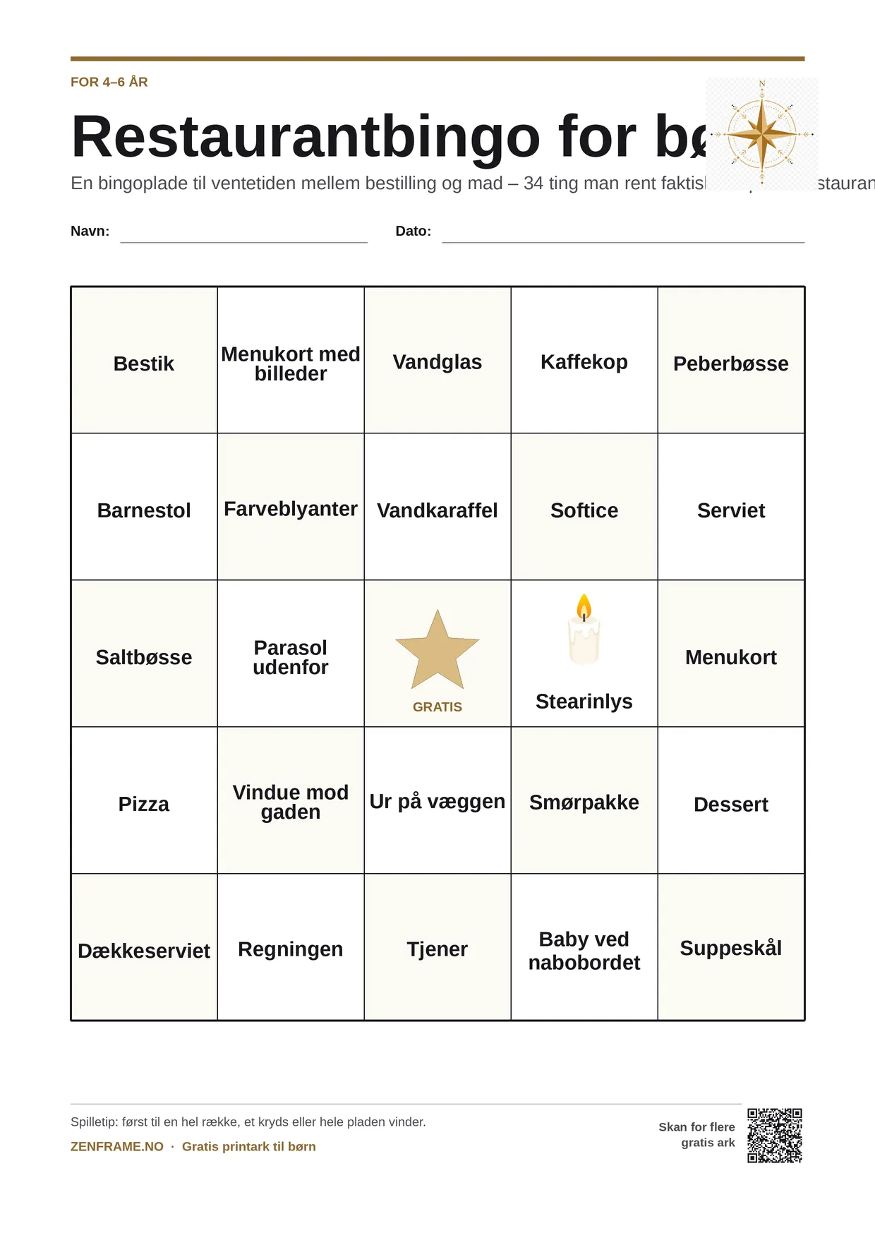 Restaurantbingo for børn 4–6 år – gratis printbar A4-plade