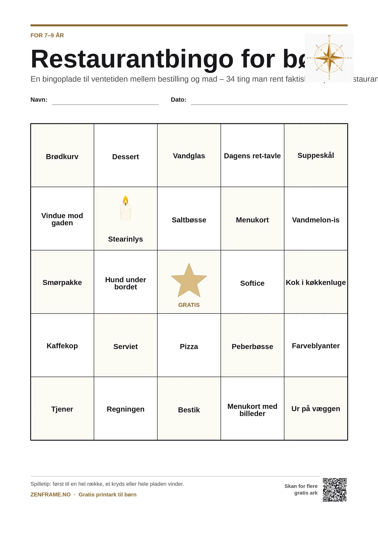 Restaurantbingo for børn 7–9 år – gratis printbar A4-plade