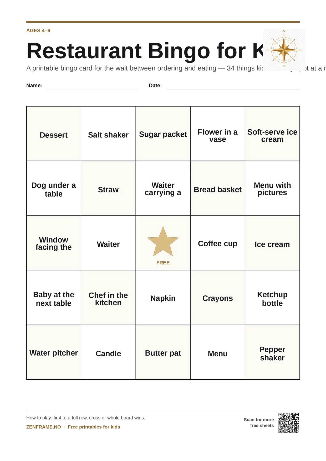 Restaurant Bingo for kids ages 4–6 – free printable A4 board