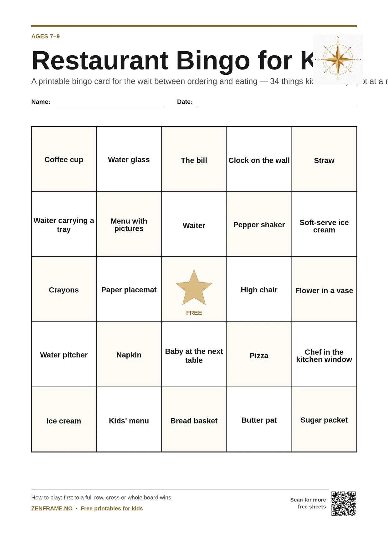Restaurant Bingo for kids ages 7–9 – free printable A4 board