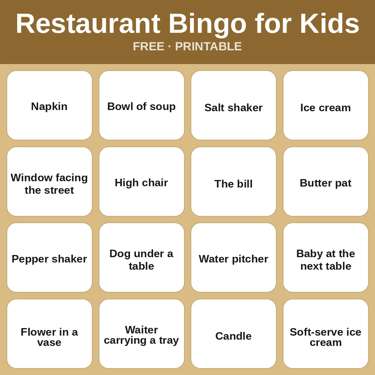 Restaurant Bingo for Kids – free printable bingo for kids