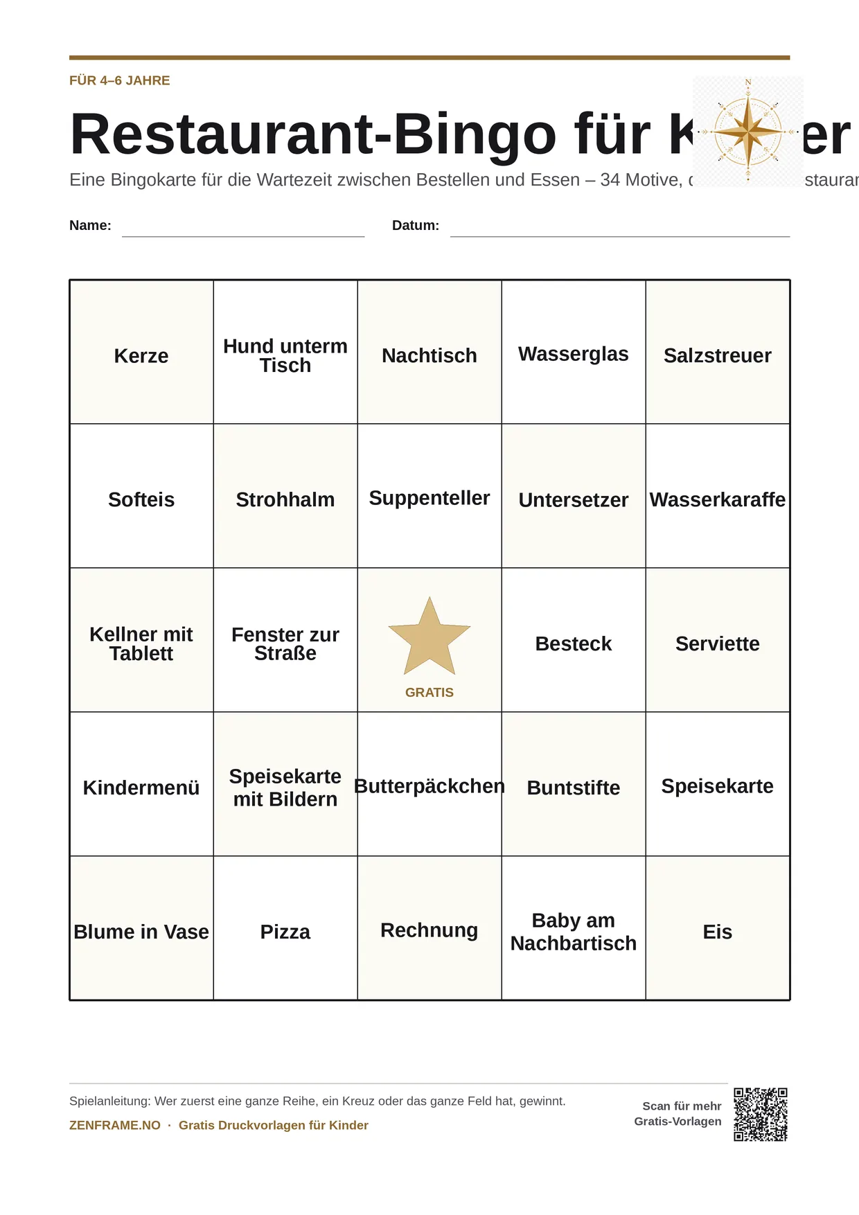 Restaurant-Bingo für Kinder 4–6 Jahre – kostenlose A4-Vorlage zum Ausdrucken