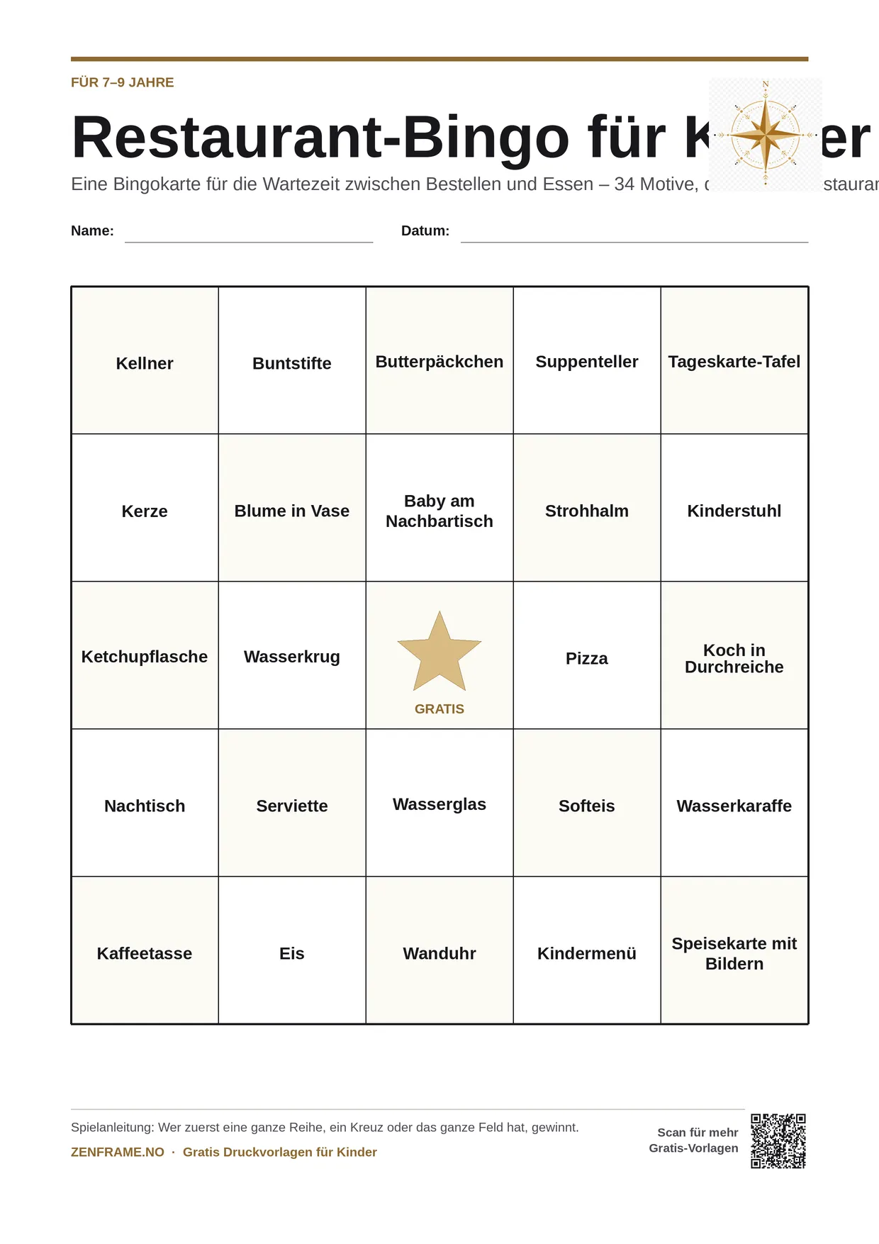 Restaurant-Bingo für Kinder 7–9 Jahre – kostenlose A4-Vorlage zum Ausdrucken