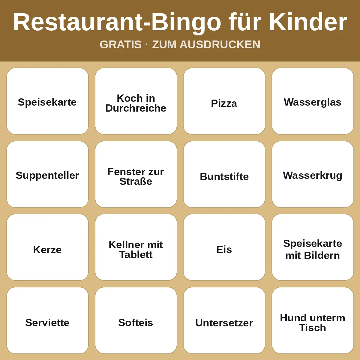 Restaurant-Bingo für Kinder – kostenloses Bingo zum Ausdrucken für Kinder