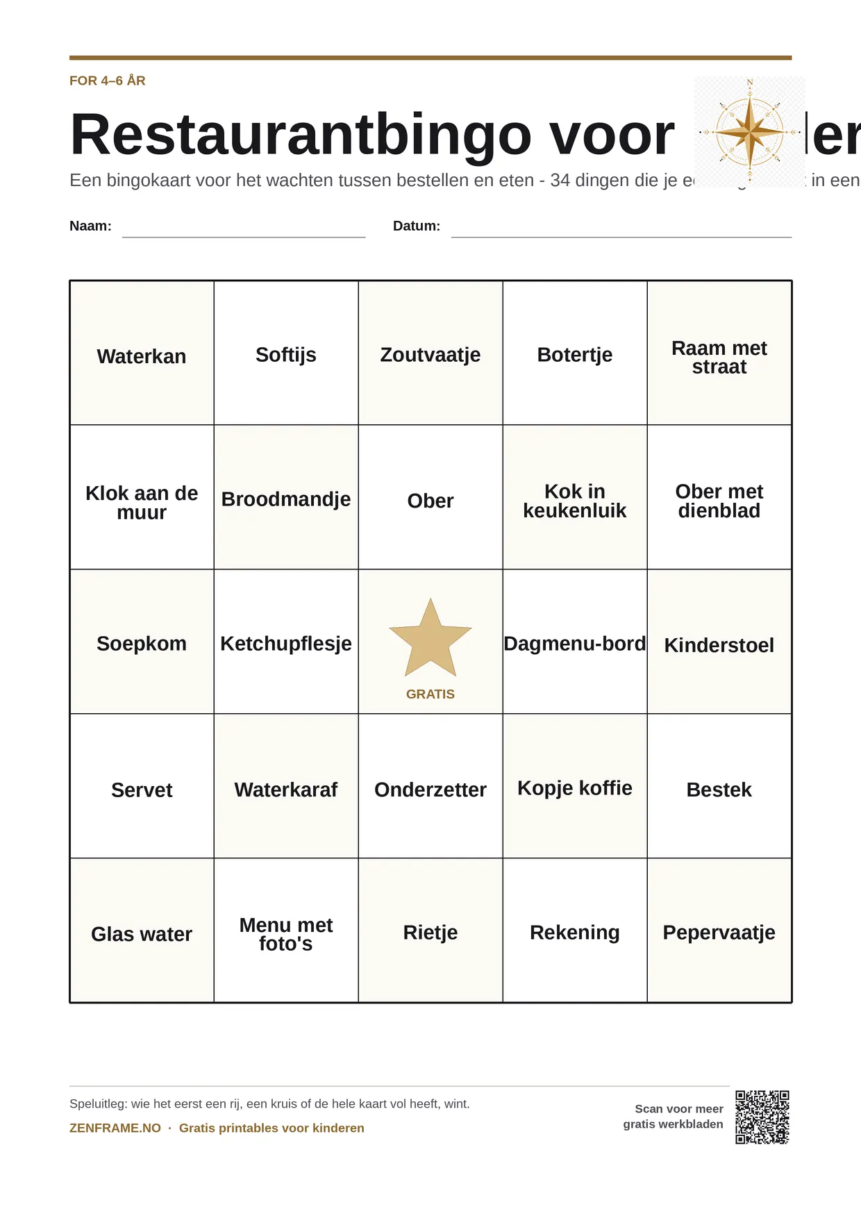 Restaurantbingo voor kinderen 4–6 jaar – gratis printbare A4-kaart