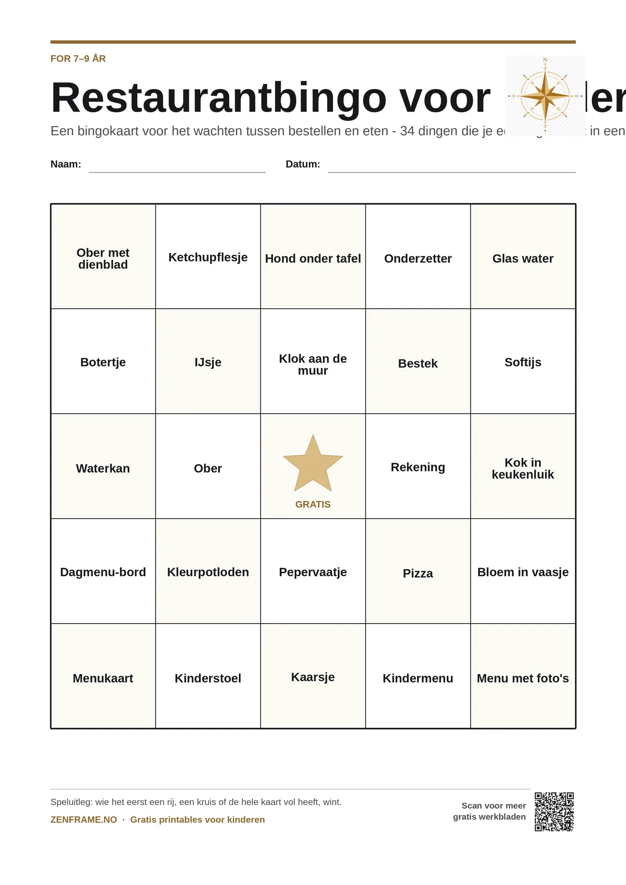 Restaurantbingo voor kinderen 7–9 jaar – gratis printbare A4-kaart