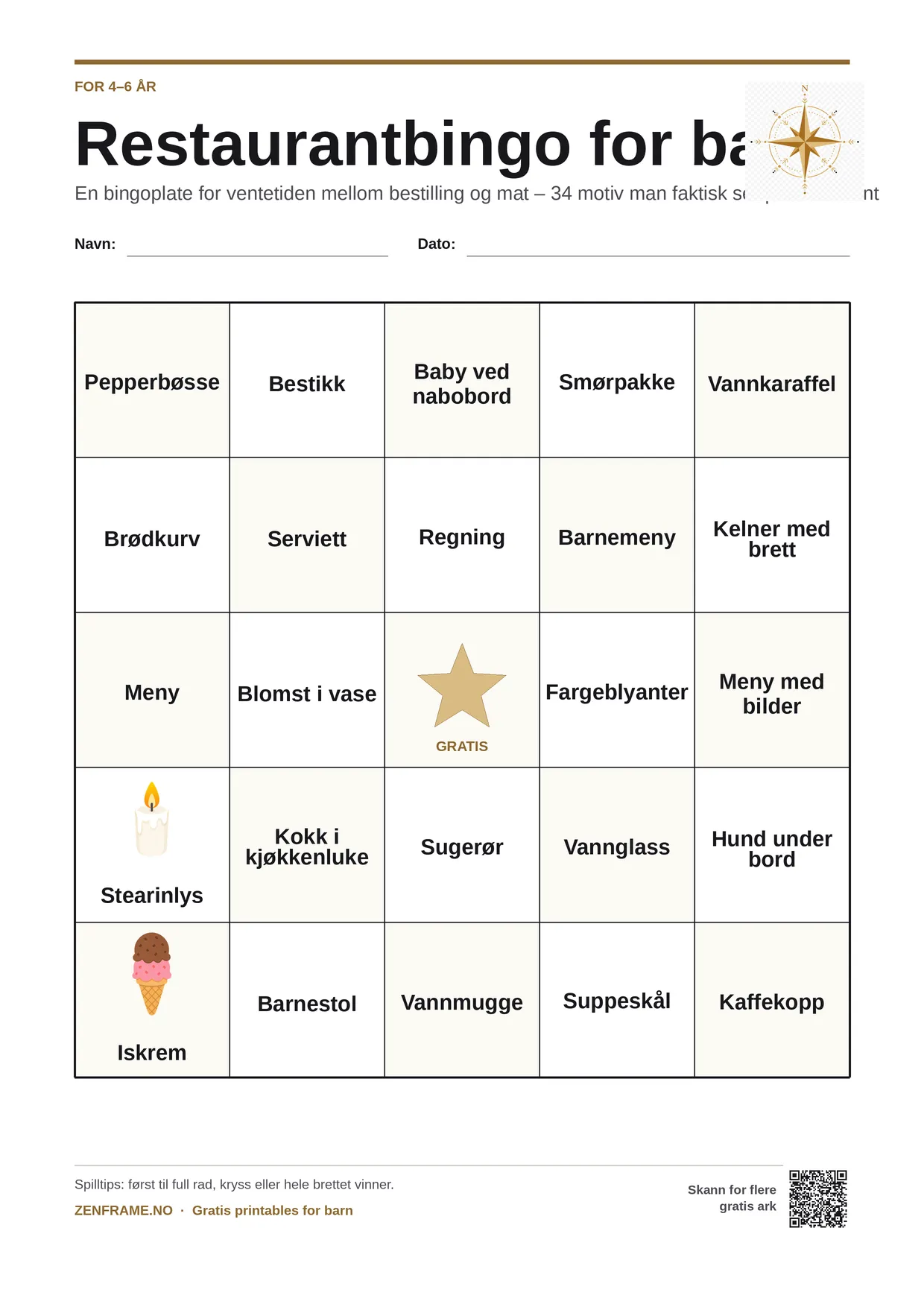 Restaurantbingo for barn 4–6 år – gratis utskrivbart A4-brett