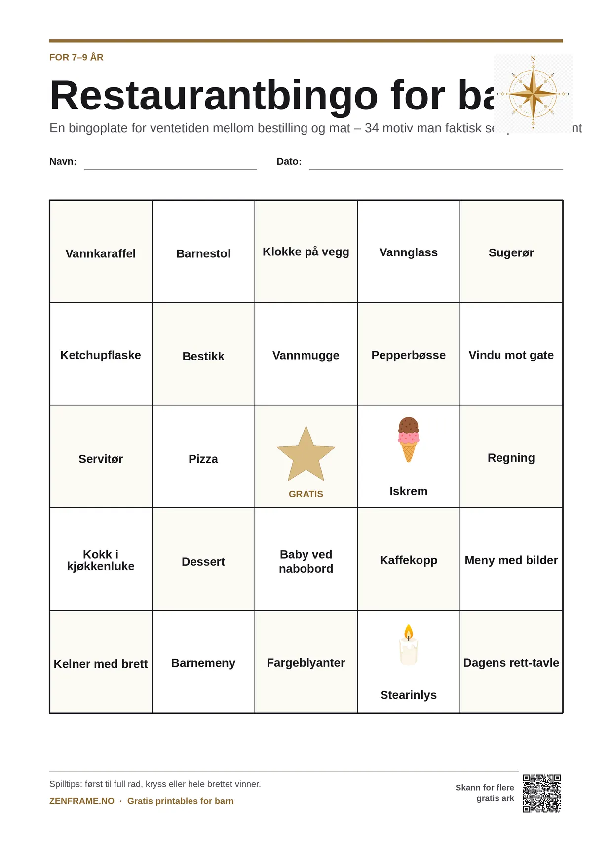 Restaurantbingo for barn 7–9 år – gratis utskrivbart A4-brett