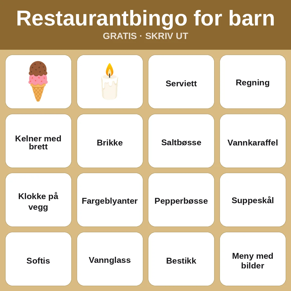 Restaurantbingo for barn – gratis bingo til utskrift for barn