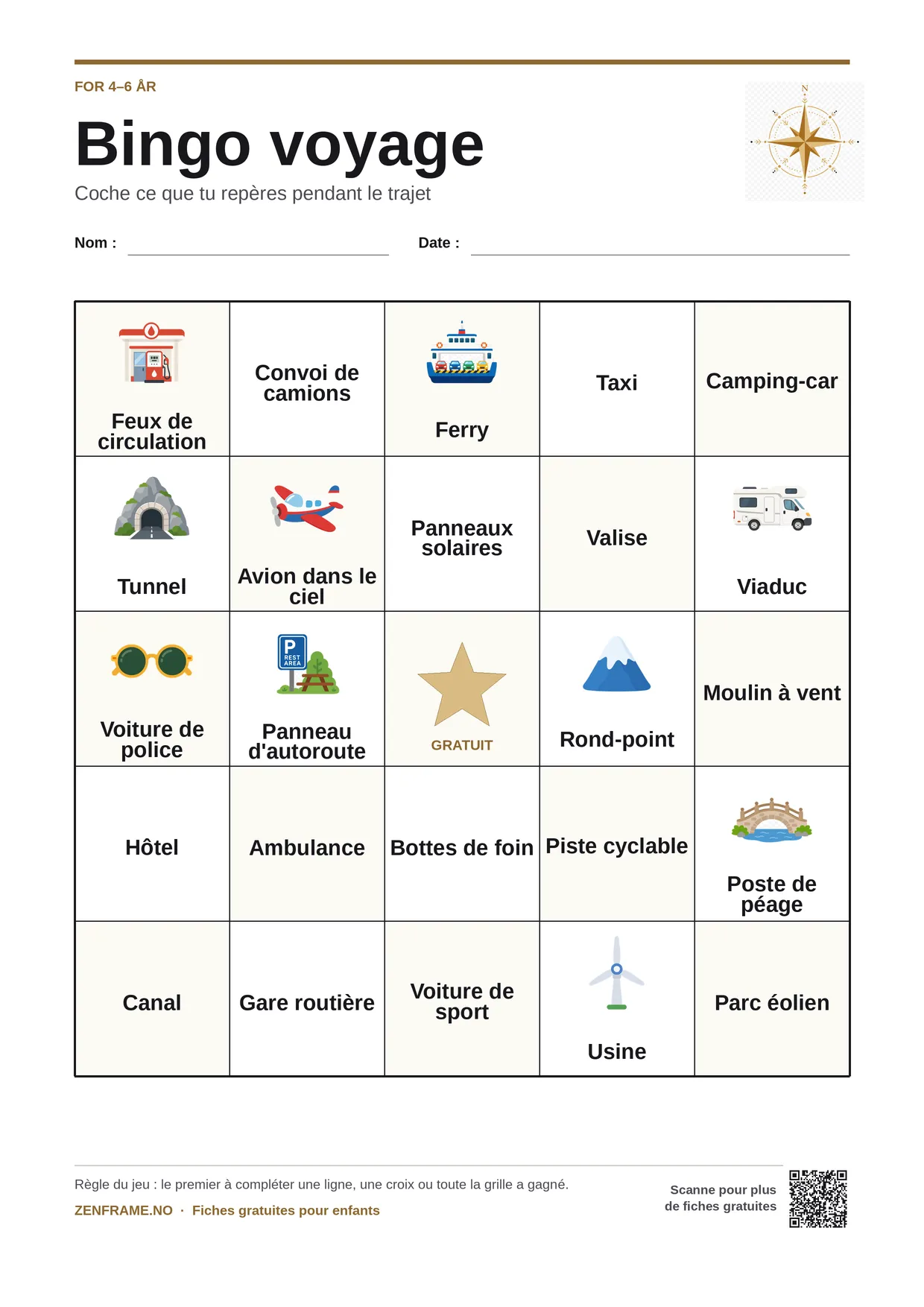 Bingo voyage pour enfants 4–6 ans – planche A4 gratuite à imprimer
