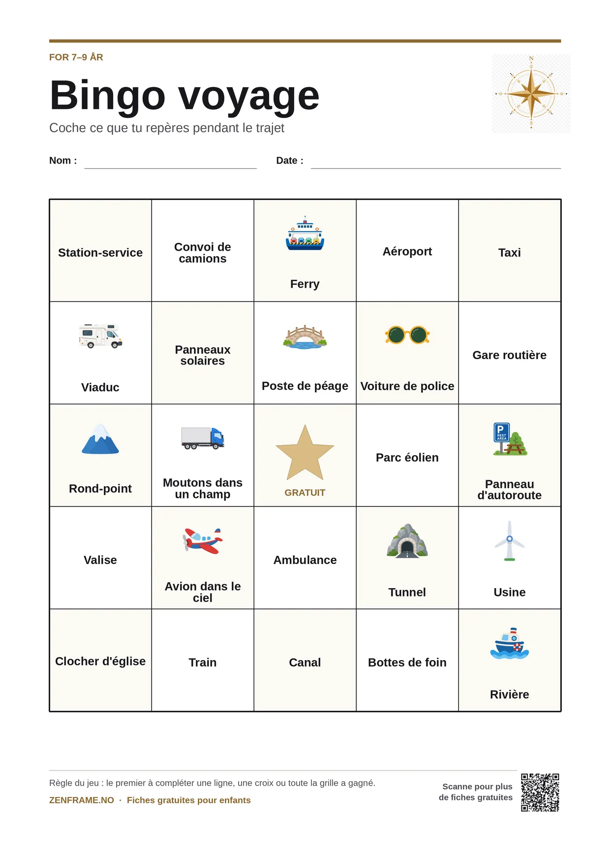 Bingo voyage pour enfants 7–9 ans – planche A4 gratuite à imprimer