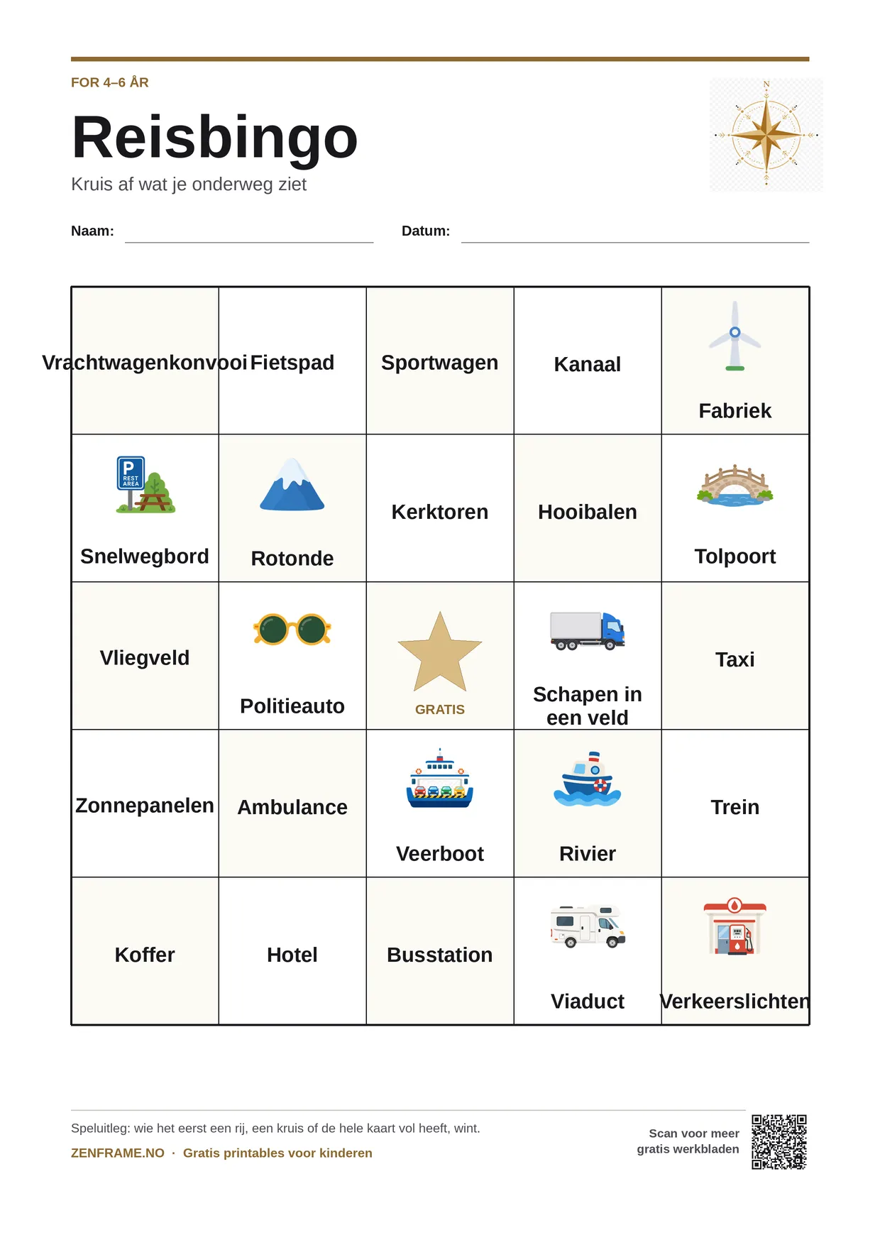 Reisbingo voor kinderen 4–6 jaar – gratis printbare A4-kaart
