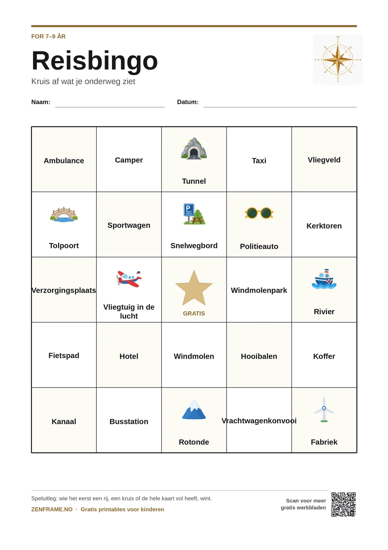 Reisbingo voor kinderen 7–9 jaar – gratis printbare A4-kaart