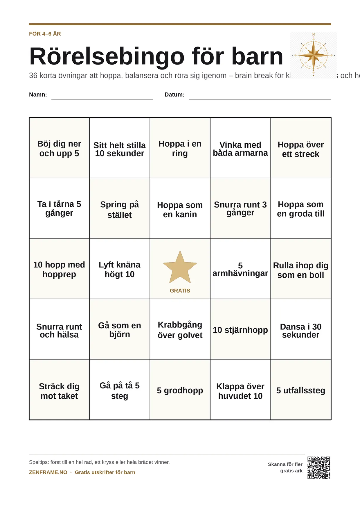 Rörelsebingo för barn 4–6 år – gratis utskrivbart A4-bräde