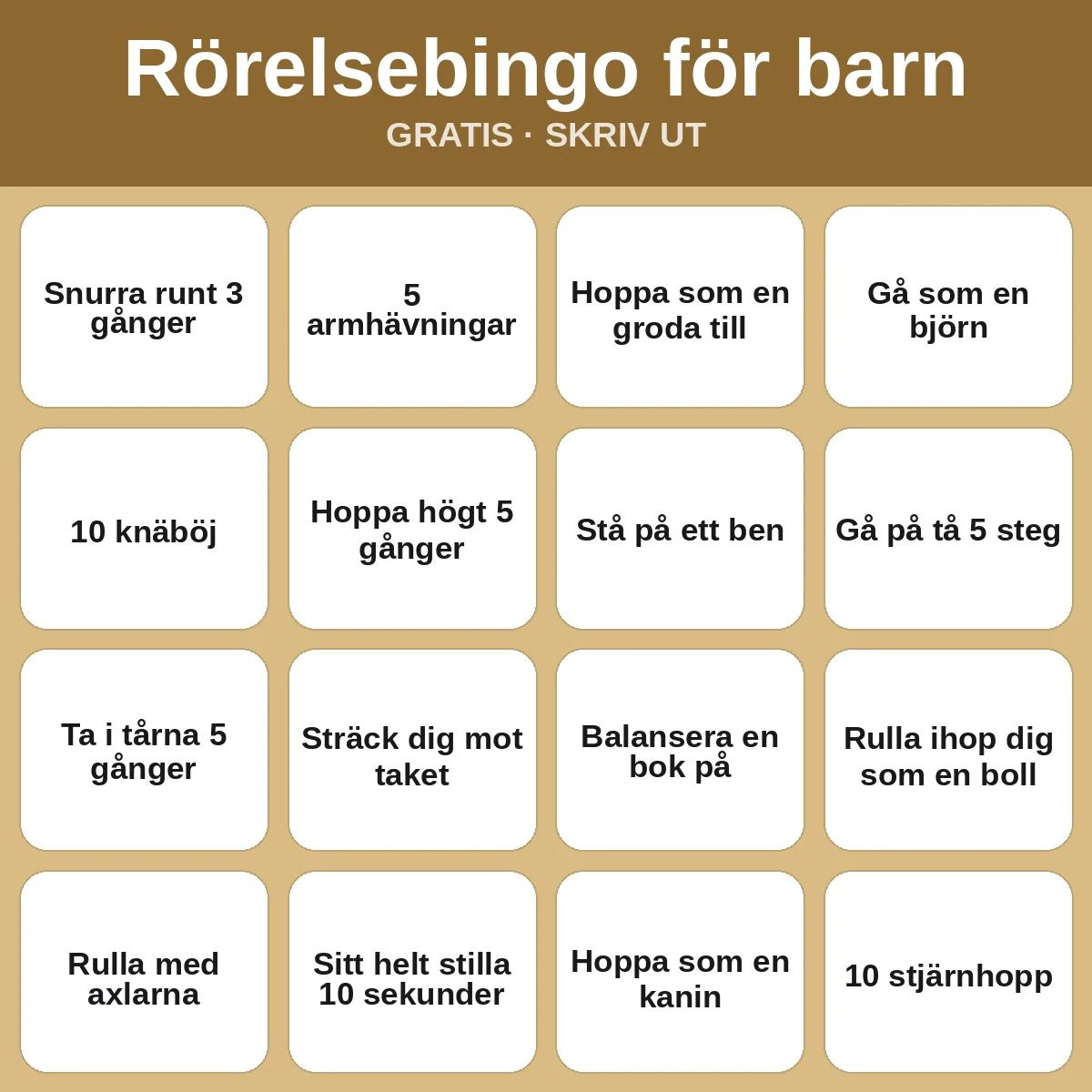 Rörelsebingo för barn – gratis bingo att skriva ut för barn