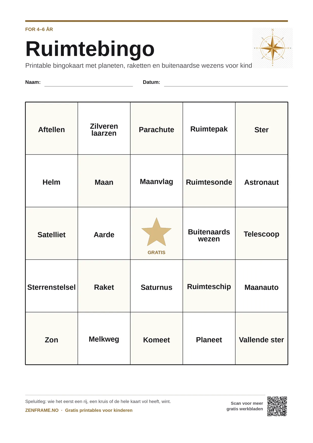 Ruimtebingo voor kinderen 4–6 jaar – gratis printbare A4-kaart