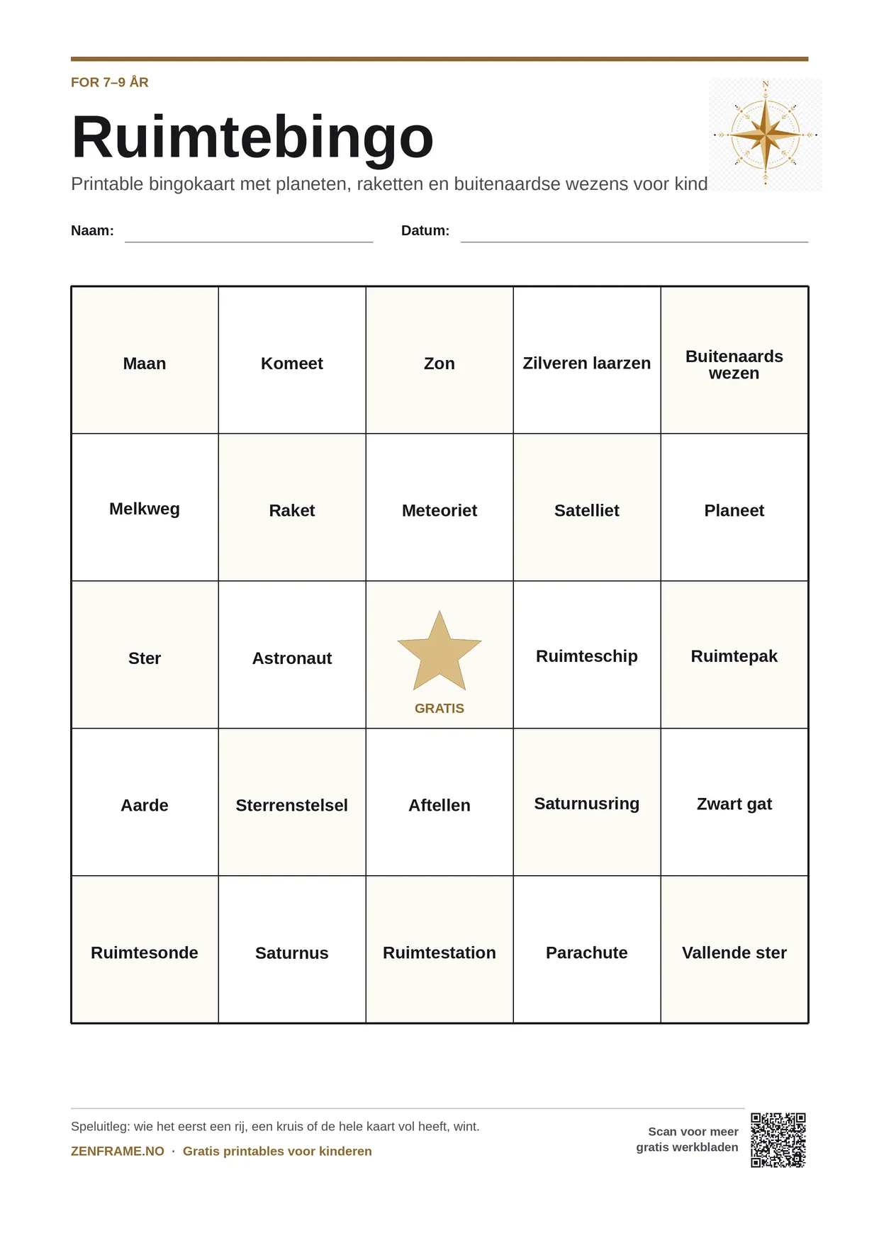 Ruimtebingo voor kinderen 7–9 jaar – gratis printbare A4-kaart