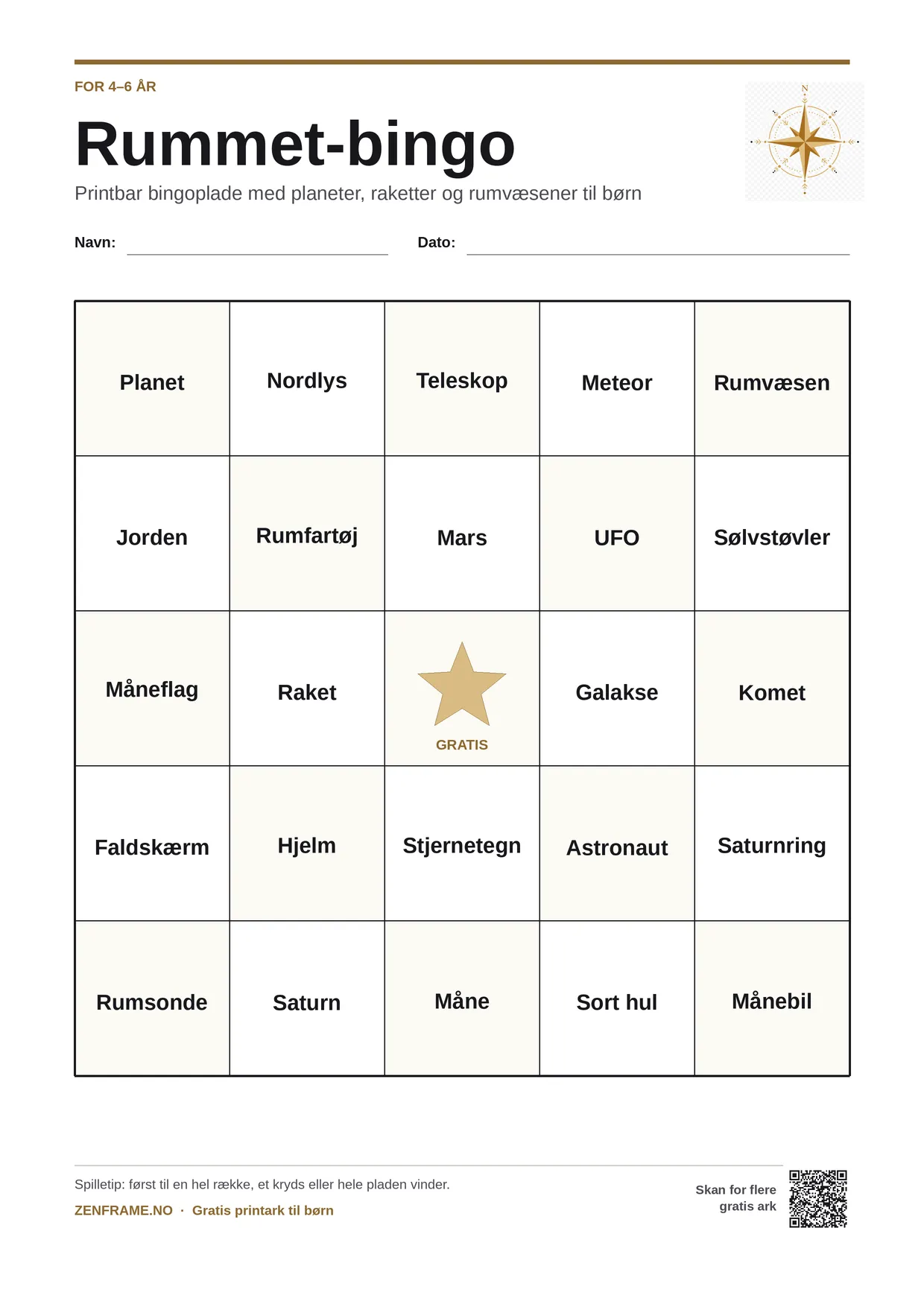 Rummet-bingo for børn 4–6 år – gratis printbar A4-plade