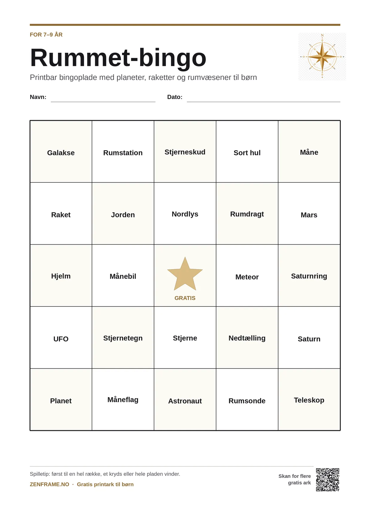 Rummet-bingo for børn 7–9 år – gratis printbar A4-plade