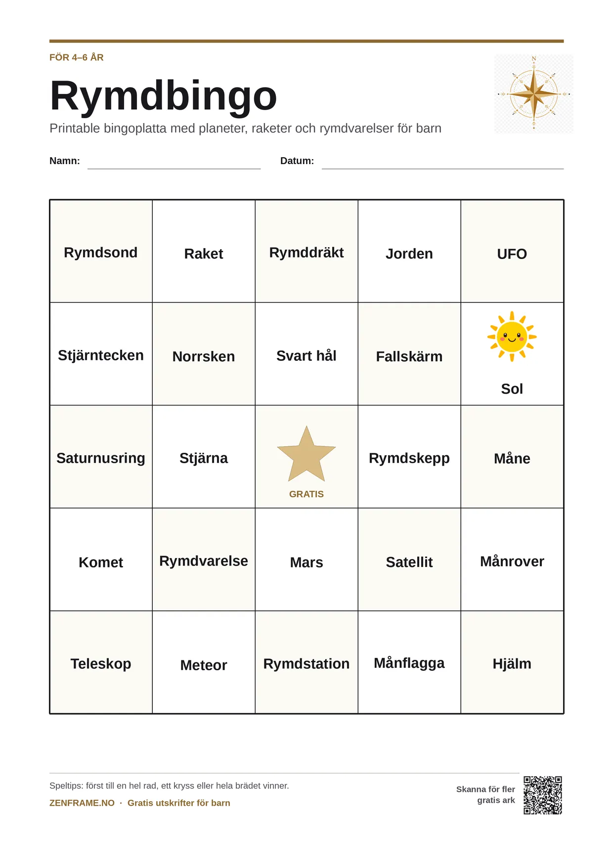 Rymdbingo för barn 4–6 år – gratis utskrivbart A4-bräde