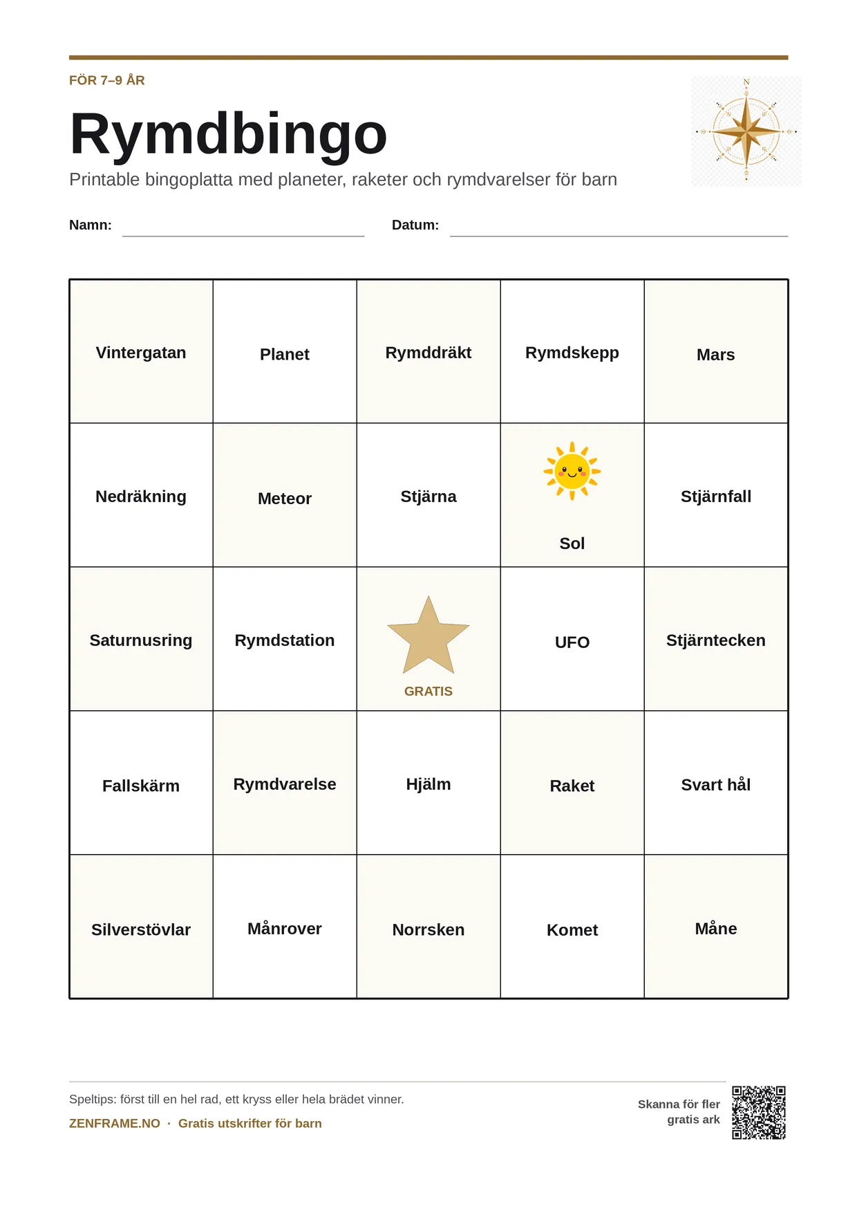 Rymdbingo för barn 7–9 år – gratis utskrivbart A4-bräde
