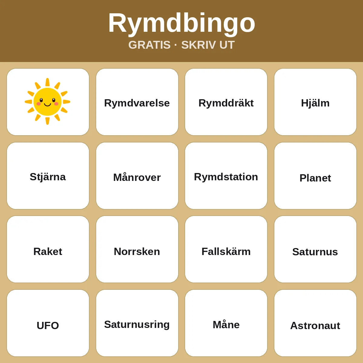 Rymdbingo – gratis bingo att skriva ut för barn