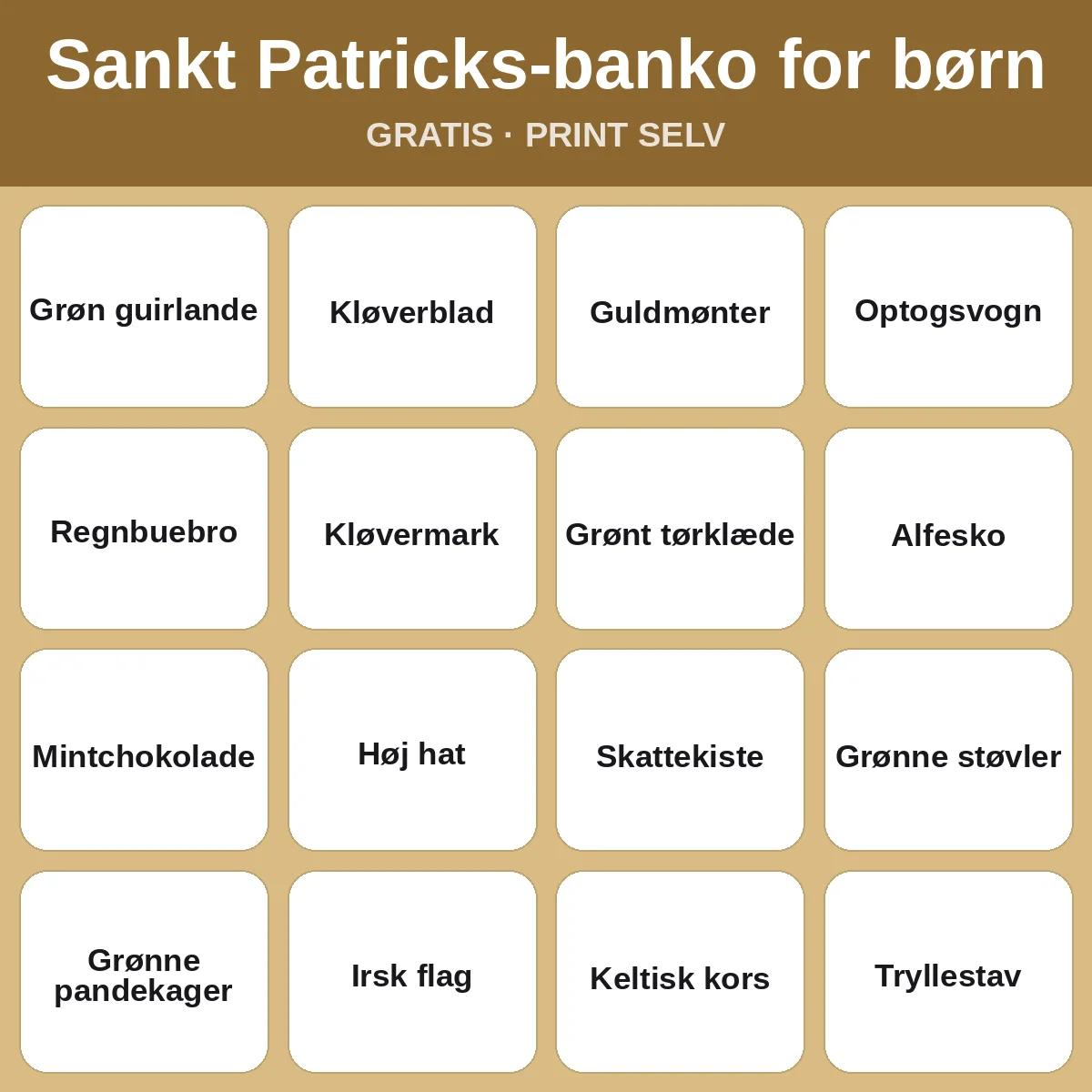 Sankt Patricks-banko for børn – gratis bingo til print for børn