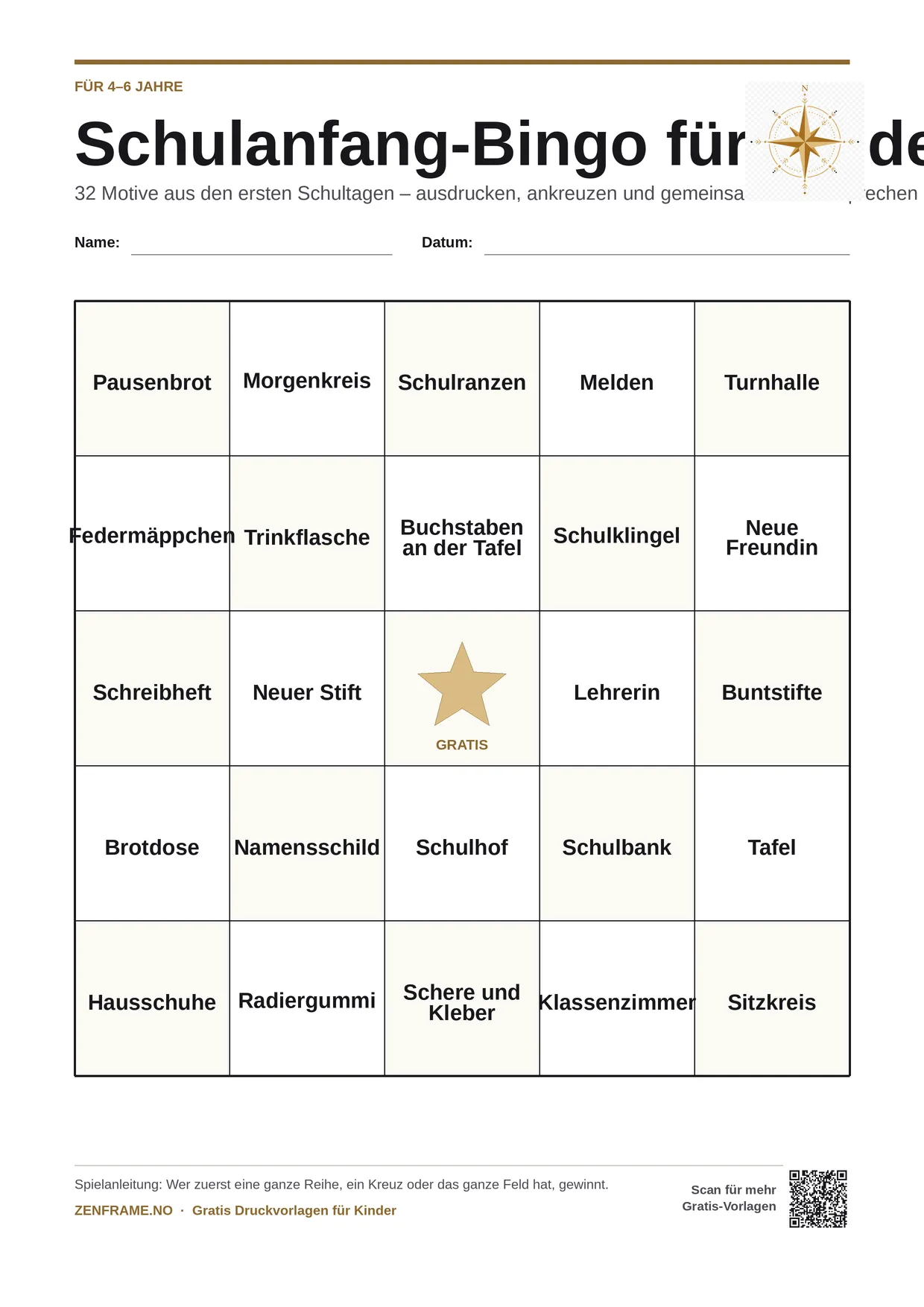 Schulanfang-Bingo für Kinder 4–6 Jahre – kostenlose A4-Vorlage zum Ausdrucken