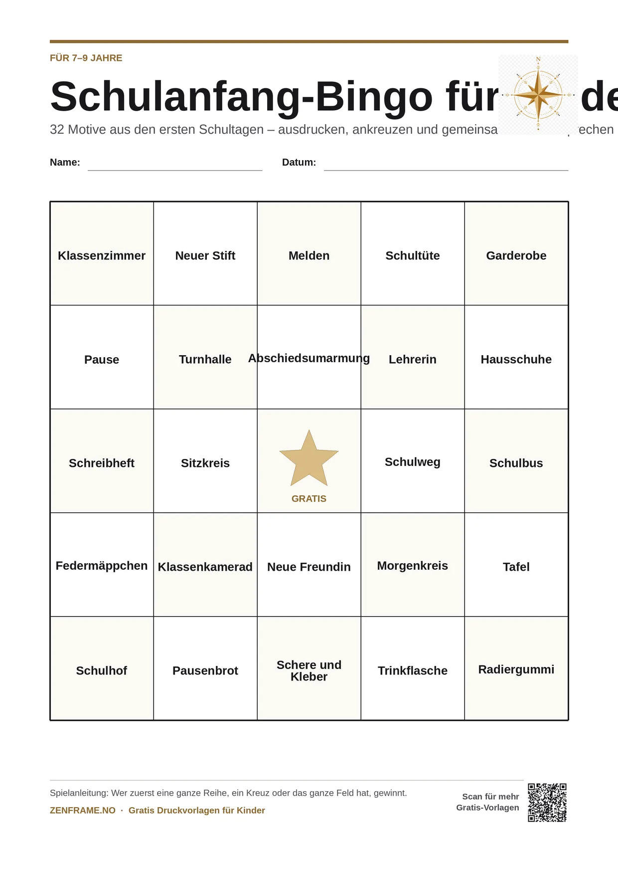 Schulanfang-Bingo für Kinder 7–9 Jahre – kostenlose A4-Vorlage zum Ausdrucken