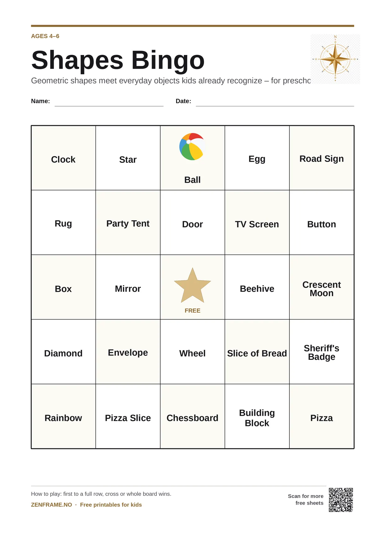 Shapes Bingo for kids ages 4–6 – free printable A4 board